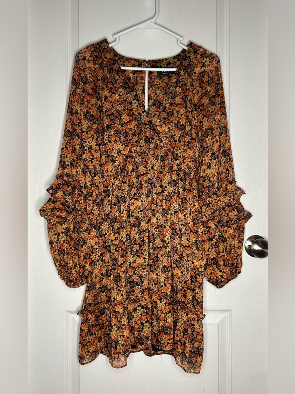 VICI Orange Floral Balloon Sleeve Ruffle Boho Sz S Dress V Neck